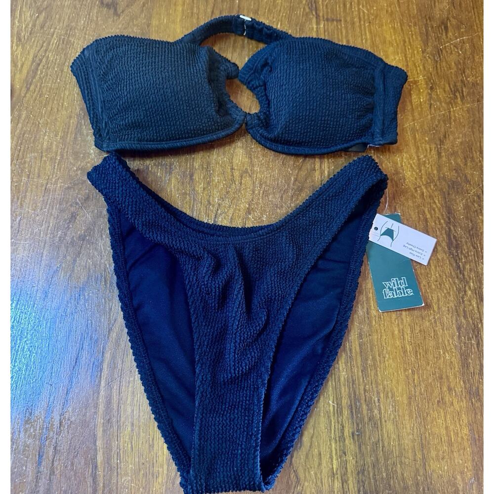 New Wild Fable Black Bikini Set Textured Top L Bottom S High Cut Cheeky With Tag